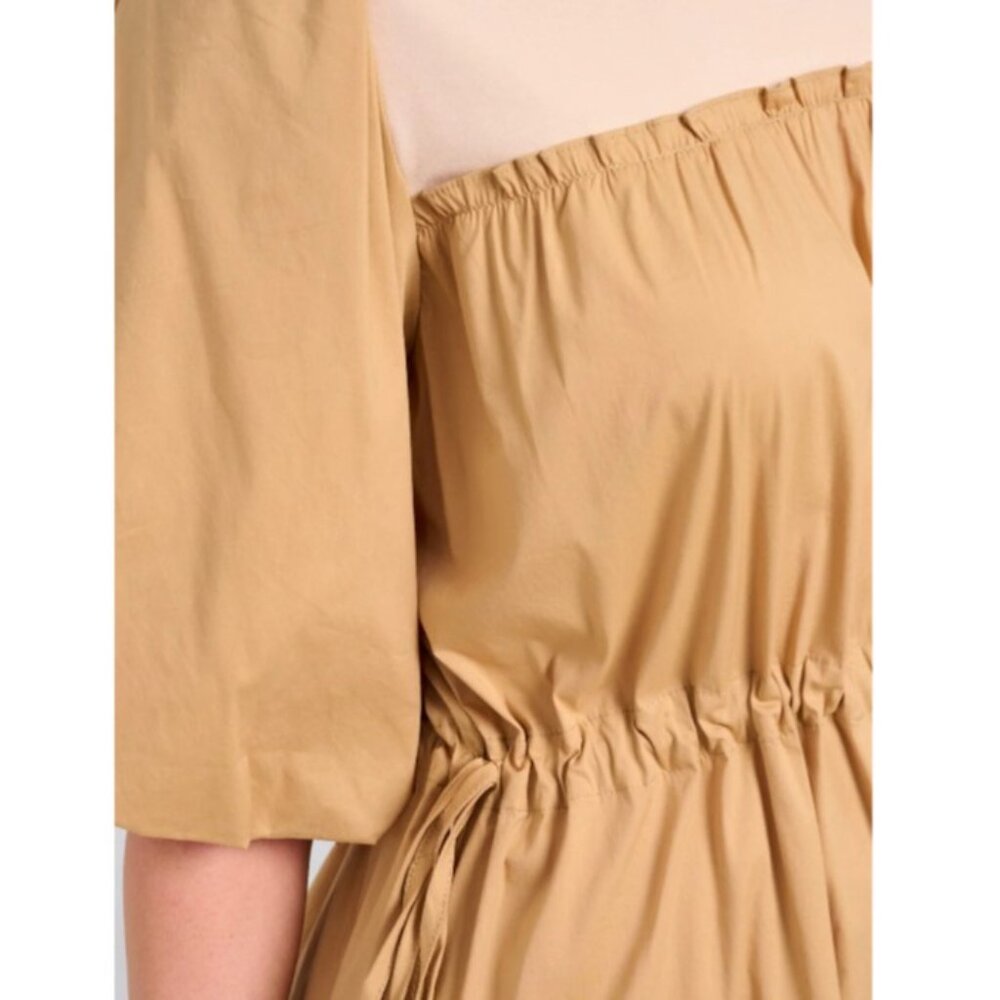 Short Puff Sleeve Adjustable Waist ColorBlockMidi Dress - Picture 3 of 4